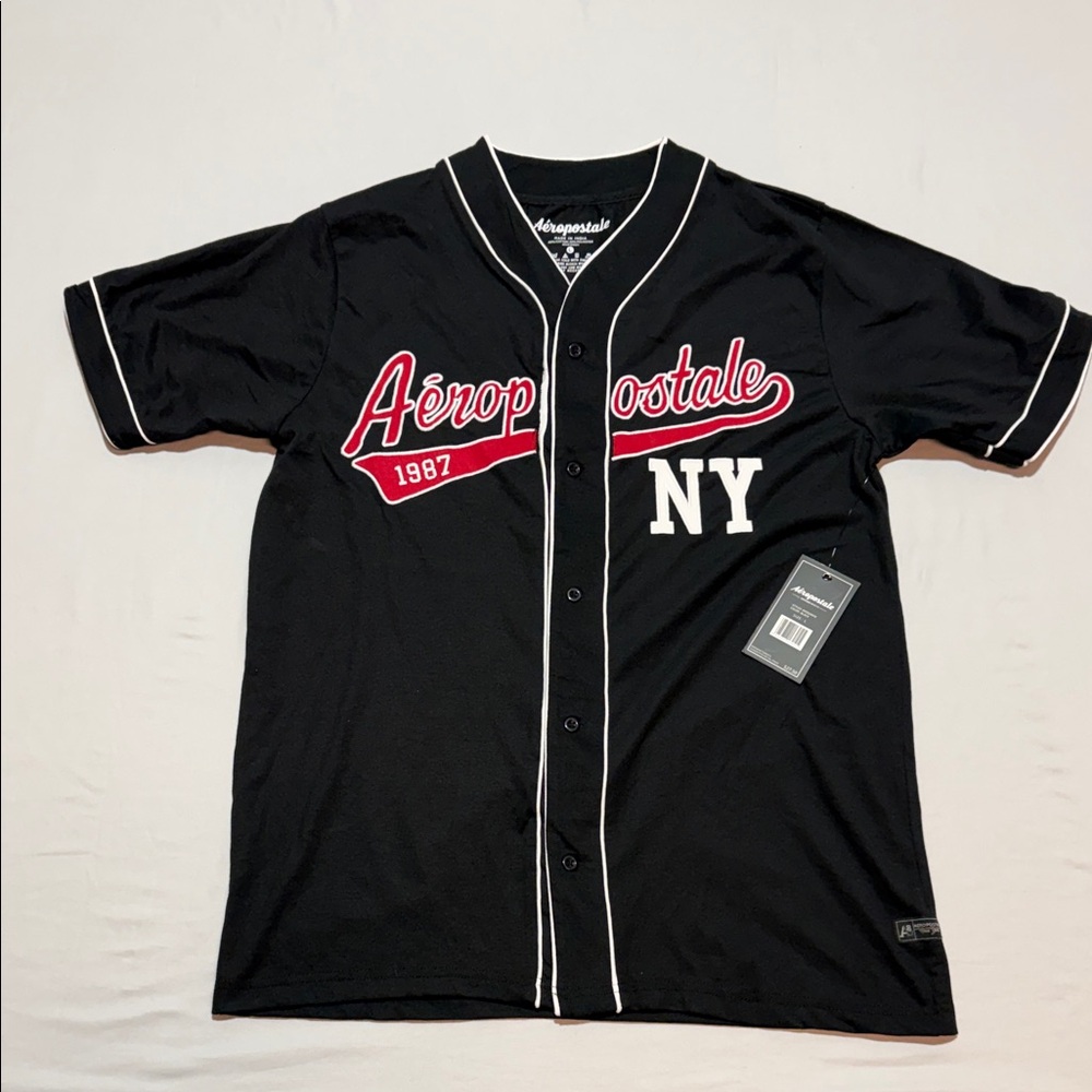 Aeropostale Black Baseball Jersey with Red Script and White NY Size L